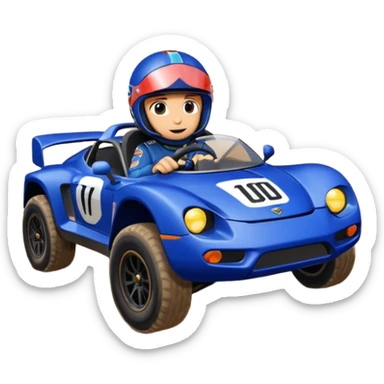 Dirty Joke’s Midnight-blue Local Motors Rally Fighter off road race car being driven by a cayman , sitting in the driver’s seat, over a dirt ramp  sticker