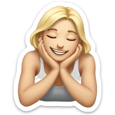 a blond girl smiling hands on cheeks and feet on back laying  sticker