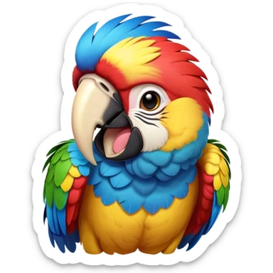 Cinematic Cute Yawning Macaw Portrait Emoji, Head tilted slightly with a dramatic, wide-open yawn, showcasing resplendent feathers and sleepy, half-closed eyes brimming with relaxed elegance, Simplified yet irresistibly adorable features, highly detailed, glowing with a soft, cozy tropical glow, high shine, relaxed yet expressive, stylized with a hint of whimsical charm, soft glowing outline, capturing the essence of a drowsy yet affectionate macaw that appears ready to stretch out for a nap! sticker