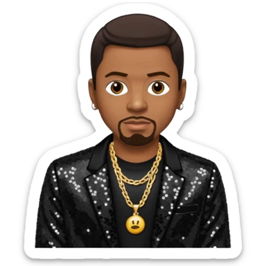 Keith Sweat (b.1961) with dark brown hair, black sequin jacket, black shirt with necklace sticker