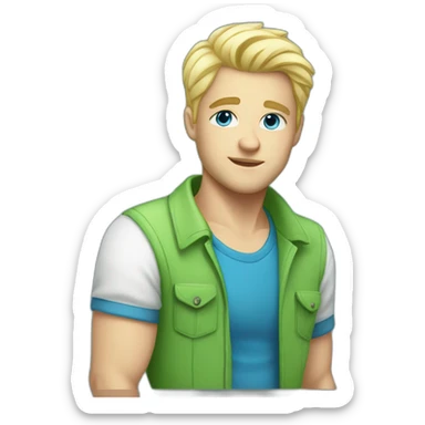 men 30 years old,blond short haire, white skin, blue eyes, green shirt with retro fan art sticker