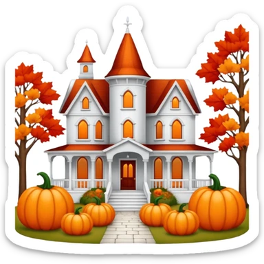 White Queen Anne home decorated for fall sticker