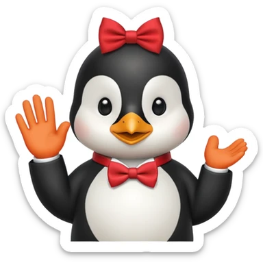 Un pinguino con una pajarita roja haciendo el gesto con la mano abierta de cumplir una promesa sticker
