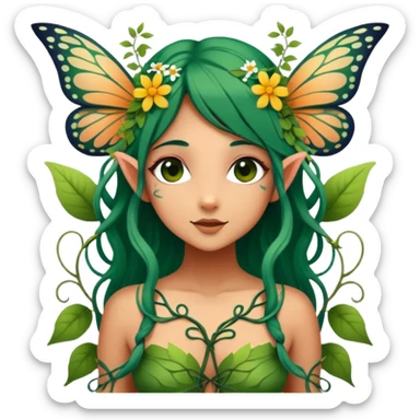 Cinematic Realistic Forest Nymph Fairy Portrait, depicted with lifelike, sun-kissed tanned skin that radiates an earthy glow, softly illuminated by natural, dappled light. Her long, flowing dark green hair is intricately detailed and interwoven with delicate vines and wildflowers, while her deep, soulful eyes mirror the wisdom of the forest. Dressed in an attire inspired by nature’s palette—with subtle botanical motifs—the portrait exudes a soft, enchanted glow that melds realism with woodland magic showing her large butterfly wings from her back. sticker