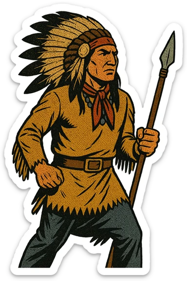 The full body of an 1860s native American chief from the American West who is looking determined sticker