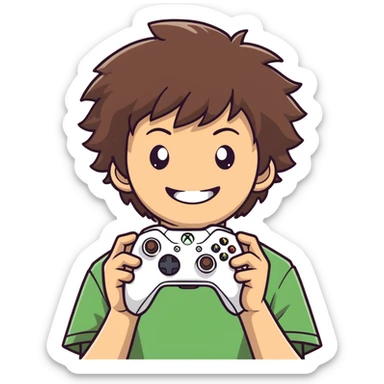 asian 15 year old boy with brown fluffy hair holding an xbox controller with a giant grin on his face sticker