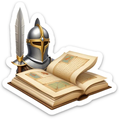 Icon for Historical Fiction Reading: an open book with pages showing ancient scrolls, a quill, a knight's helmet, and a parchment map. The icon should evoke the adventure and grandeur of historical settings and storytelling. Transparent background. sticker