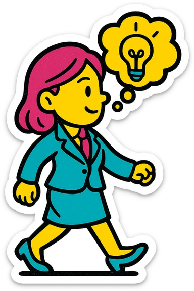 Make the businesswoman with pink hair walk to the right, keeping the idea bubble above her head, in the same pop colors style, with no background. sticker