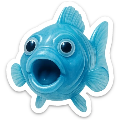 playful, stupid, derpy clear-transparent bright blue fish with mouth open, looking straight at the viewer, clear bright blue transparent body with hyper-detailed soft plastic texture reminiscent of a 90's toy, soft reflections, soft and almost squishy look, some cloudiness, not shiny, hyper-realistic, retro, highly detailed, appealing, no background sticker