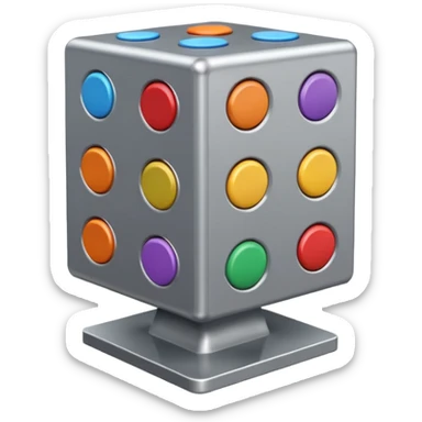 very big metal cube with standing monitors on top and many buttons sticker