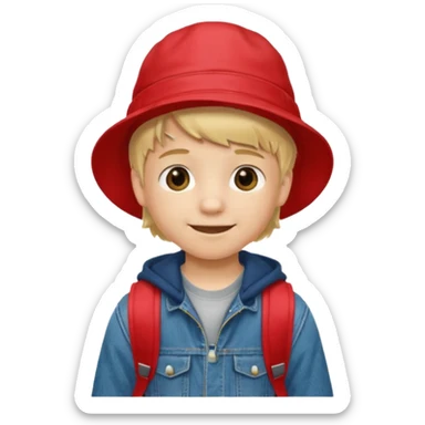 A little boy student, blonde hair, with red bucket hat, jean jacket, backpack sticker