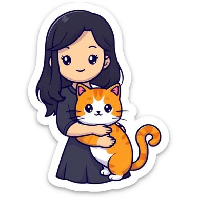 beautiful elegant girl with long black hair holding a friendly ginger cat sticker