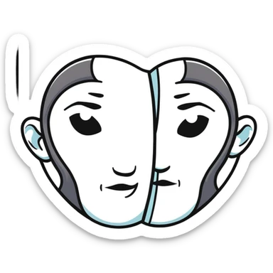 face split into two halves, one half realistic, other half art style sticker