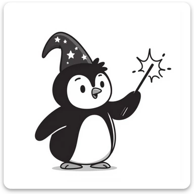 hand-drawn penguin with wizard hat and wand casting magic sticker