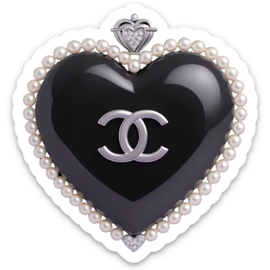 Add a diamond accent to the glossy black heart with pearls and silver Chanel logo, keep the background transparent, elegant, black and white color scheme, 3D emoji style. sticker