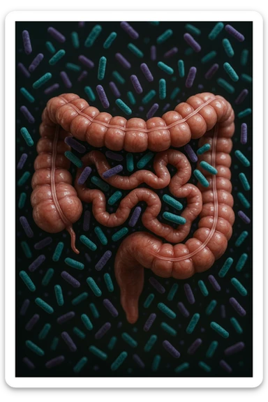 intestino umano anatomico realistico pieno di batteri intestinali viola e turchesi che gli fluttuano intorno, IPERREALISTICA 4K sticker