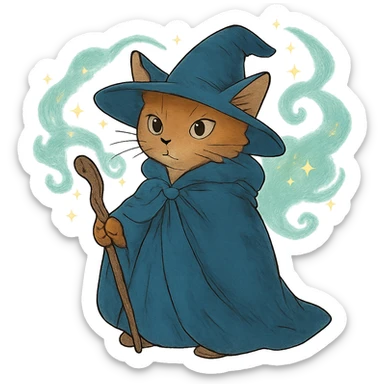 ghibli style wizard cat with a cloak and magical aura sticker