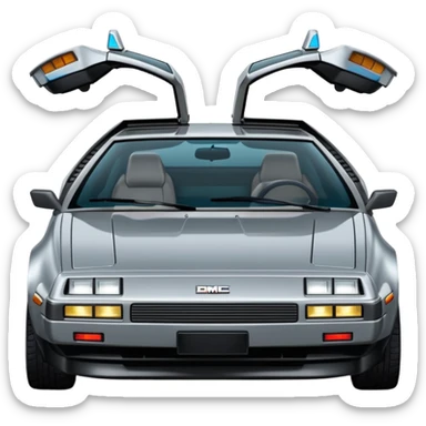 Silver DMC 12 Delorean, closed doors, backside view sticker