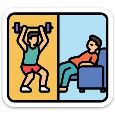 a picture devided into two parts, the first part shows a sportsman doing his workout, the second show a sportsman being lazy sticker