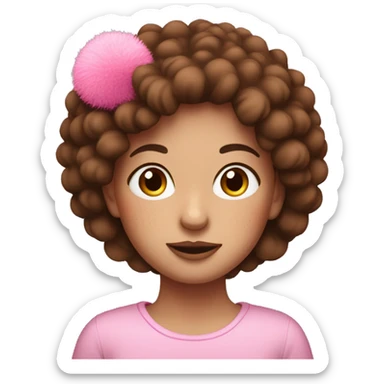 Brown haired, freckled girl with pink Pom puff sticker