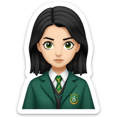 genevieve gaunt is Pansy Parkinson in harry potter, wear hogwarts slytherin uniform, black hair, not wearing hat sticker
