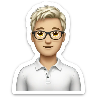 young white European guy with a white polo and black hairs and grey glasses sticker