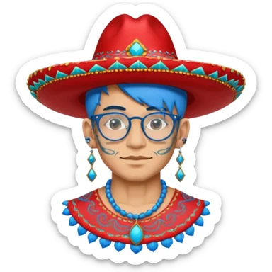 unique looking tourist with big unique red tourist sombrero and earrings, man with lots of tattoes and spectacles, blue hair showing sticker