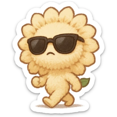 chibi fluffy style sunflower, creamy yellow, sunglasses, walking out with a cool attitude, full body sticker