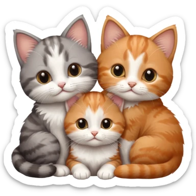 3 very small kittens cuddling together all different colours, the first one is grey and white, the second is ginger and white and the third is brown tabby and white sticker