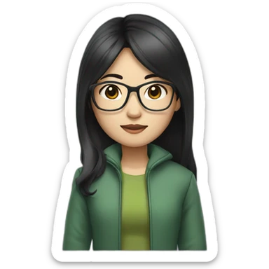 Asian girl with long black hair and glasses wearing green jacket sticker