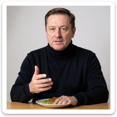 Vertical 2:3 photograph inspired by the reference image, featuring an elegant man in a black sweater, fasting theme. The man is politely refusing a plate of food with a gentle hand gesture, in a bright environment. Realistic style, clearly conveying the concept of fasting. sticker