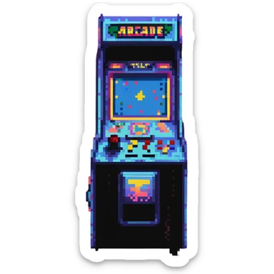 colorful 80s arcade machine with neon lights, pixelated fighting game on screen, red, blue, yellow details, joystick and buttons, reflective floor, dust in air, nostalgic cyberpunk vibe, cinematic lighting sticker