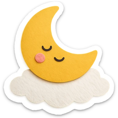 kawaii yellow moon, sleepy, resting on a white cloud pillow, no arms or legs, full body, soft pastel palette, paper craft style sticker
