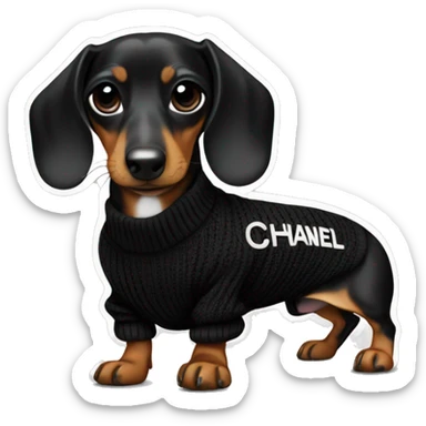 Dachshund wearing black and white Sweater with chanel logo  sticker