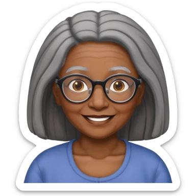emoji of a black grandma with long hair that reaches past shoulder black and gray hair with glasses and brown eyebrows sticker