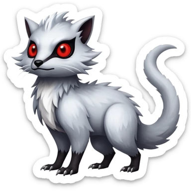 a white and silvery exotic edgy vernid-fionbr-Fakémon-creature, with black belly and red eyes, full body sticker