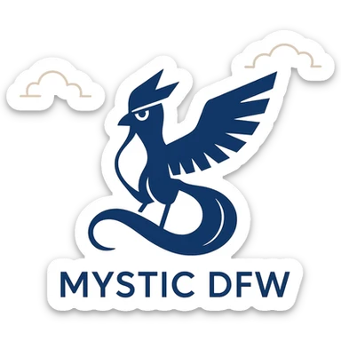 minimalist logo for Pokémon Go Team Mystic DFW with stylized Articuno silhouette, blue and white palette, words 'Mystic DFW' in sleek font sticker
