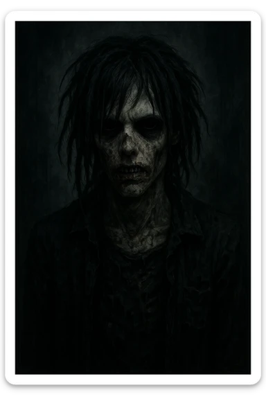 emo zombie boy with black shaggy dreads, medium long, dark and spooky, creepy expression sticker