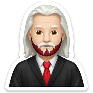 An older man with long white hair and beard, wearing a red tie and black robe sticker