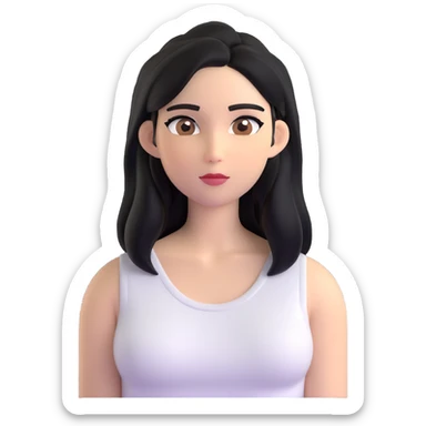 Female with straight long black hair parted in middle, beige skin, big brown eyes, natural makeup, white sleeveless top sticker