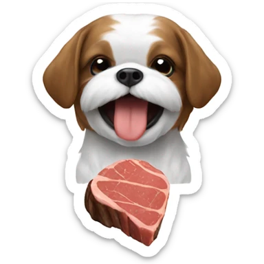 Shitzu eating a steak sticker