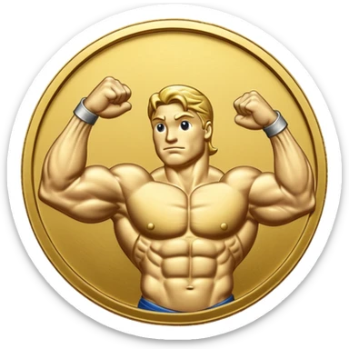 A gold coin engraved by a bent arm showing a big biceps. No human, only the arm sticker