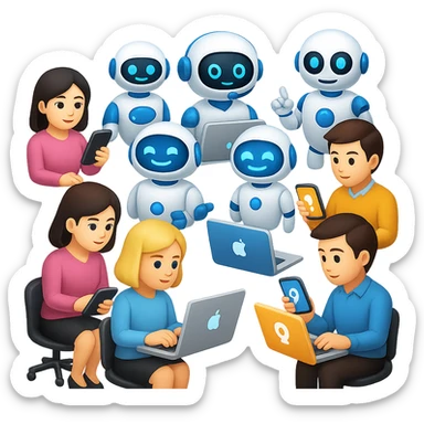 Add more robots and AI assistants in the open office, with people using smart devices. The style is emoji style, so keep the look consistent with emoji aesthetics and no background. sticker