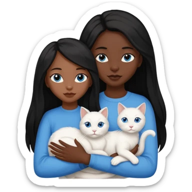 black girl with straight long black hair with a side part.  holding a female white cat sticker