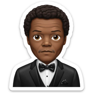  Samuel L Jackson with dark brown hair, black sequin suit with bow tie sticker