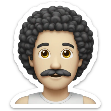 white man with curly black afro and white skin and moustache sticker