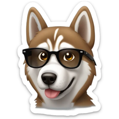 Brown husky in black wayfarer looking cool with bad fingers sticker
