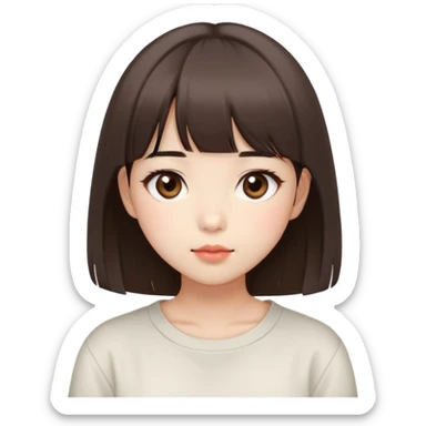 Cute East Asian girl, soft fair skin, big brown eyes, inward brown bob with straight bangs. Wearing loose shirt, blushing hard, lips slightly parted sticker