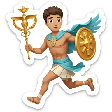 a guy (hermes) running with his caduceus and a petasos on his head in a greek tunic sticker