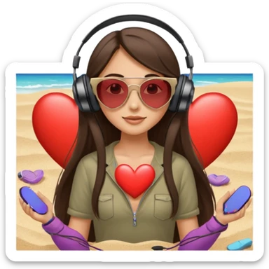 girl with long straight brunette hair heart sunglasses headphones relaxing on sand sticker